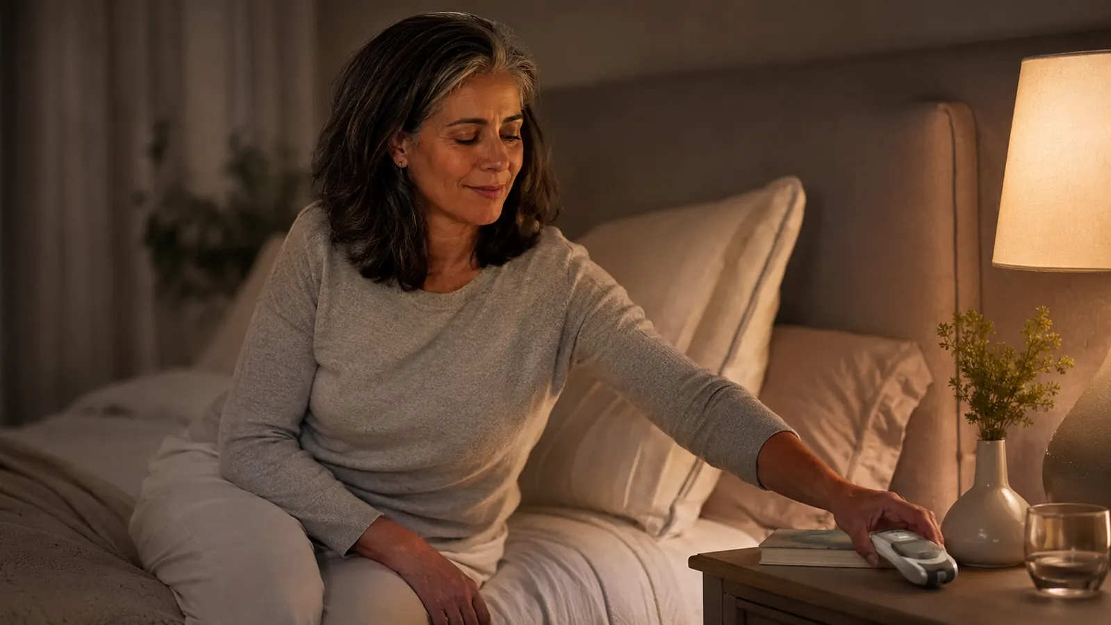 Woman finishing a nighttime skincare routine, setting down a facial device beside her bed