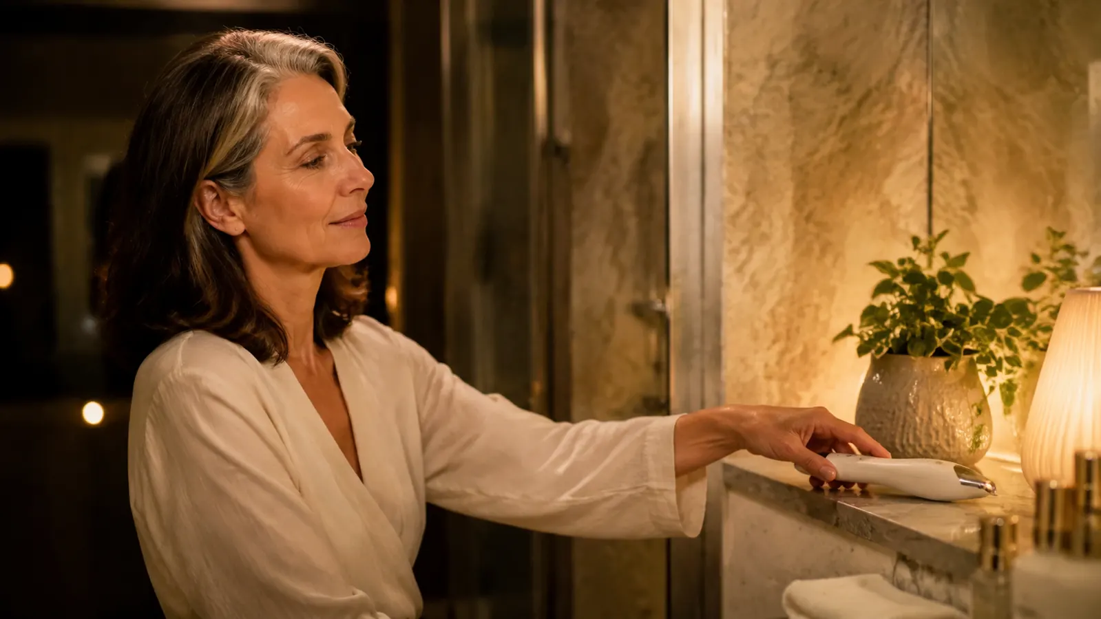 Woman finishing her nighttime skincare routine, setting a small electric device down on a bathroom shelf