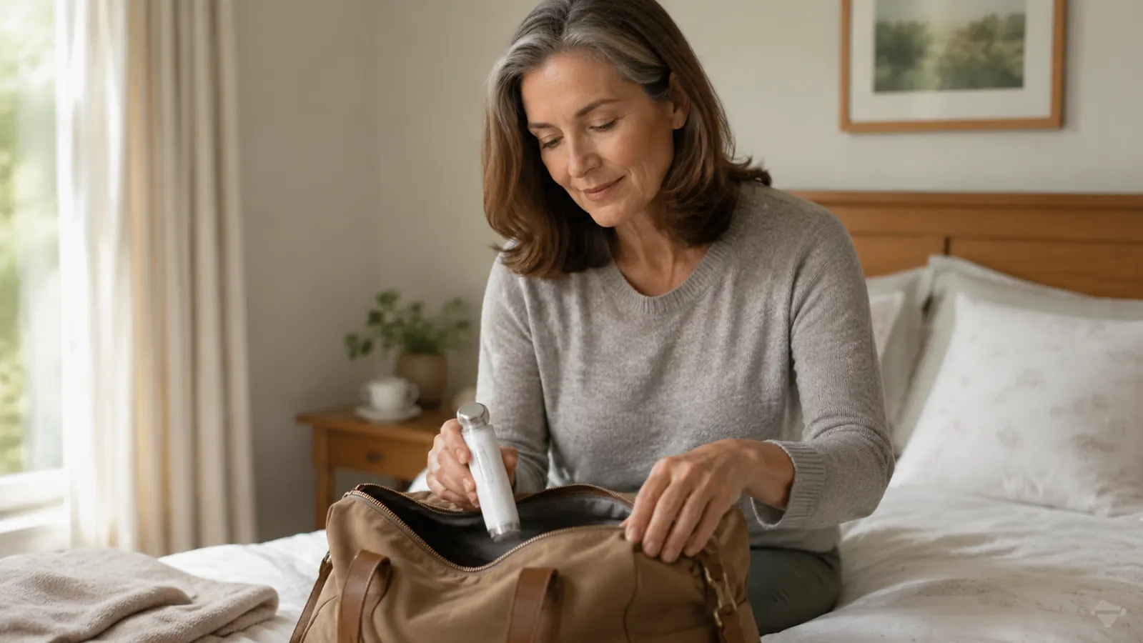 Woman packing a small red light wand into a travel bag before a weekend trip