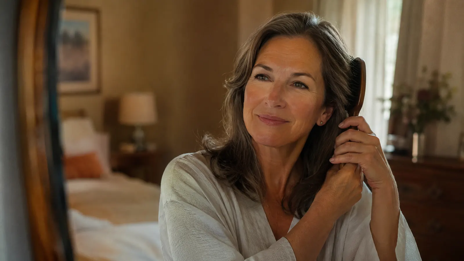 Woman brushing smooth, less frizzy hair in front of a mirror in the morning