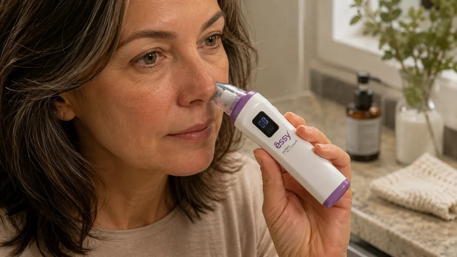 Hand holding the Essy electric pore vacuum against the side of the nose over a bathroom sink