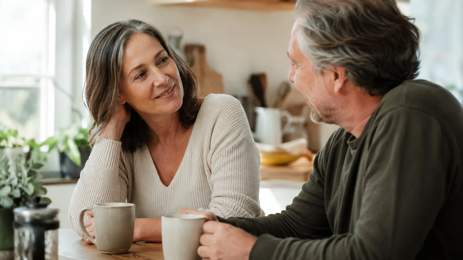 Woman and her husband sitting at a kitchen table with morning coffee, mid-conversation