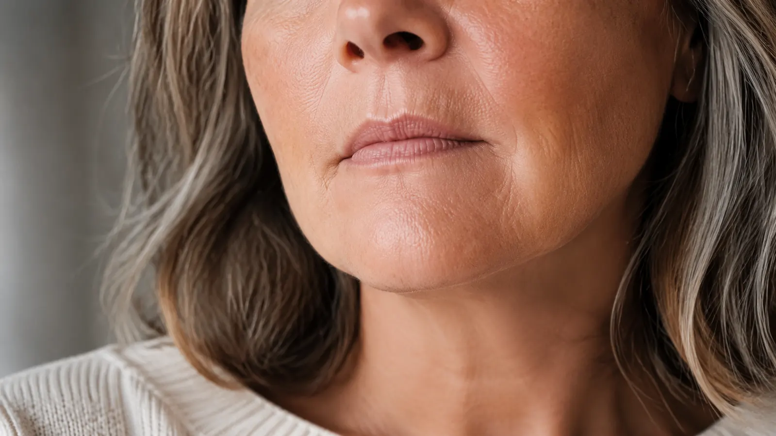 Close-up of calmer, clearer skin on a woman's nose and chin under natural light