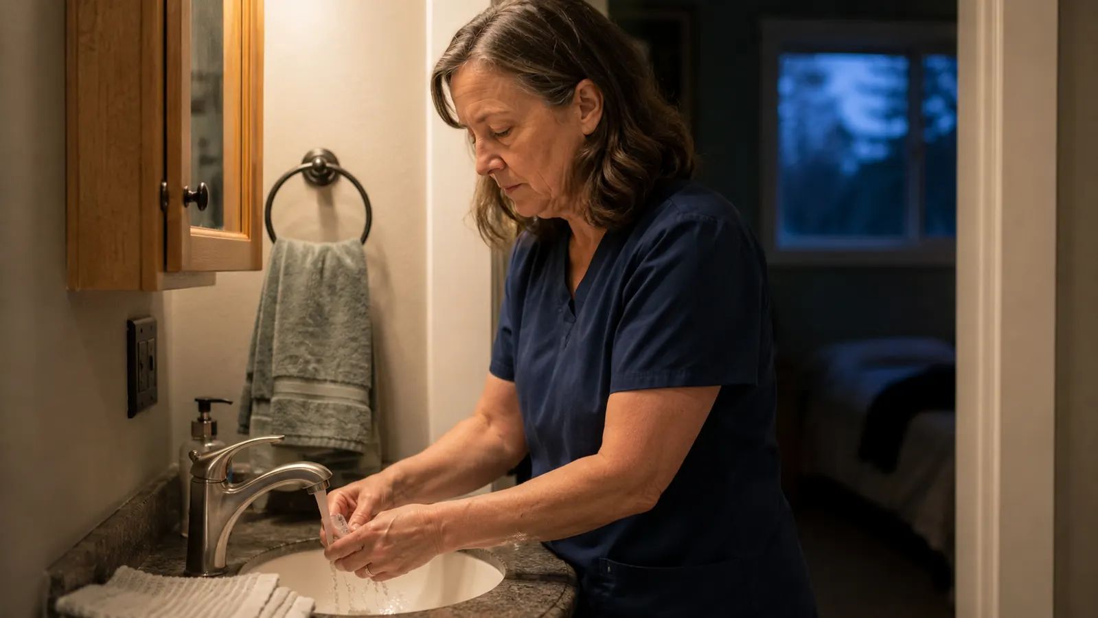 A woman in scrubs at a bathroom sink rinsing a small suction head under running water before setting it on a towel to dry