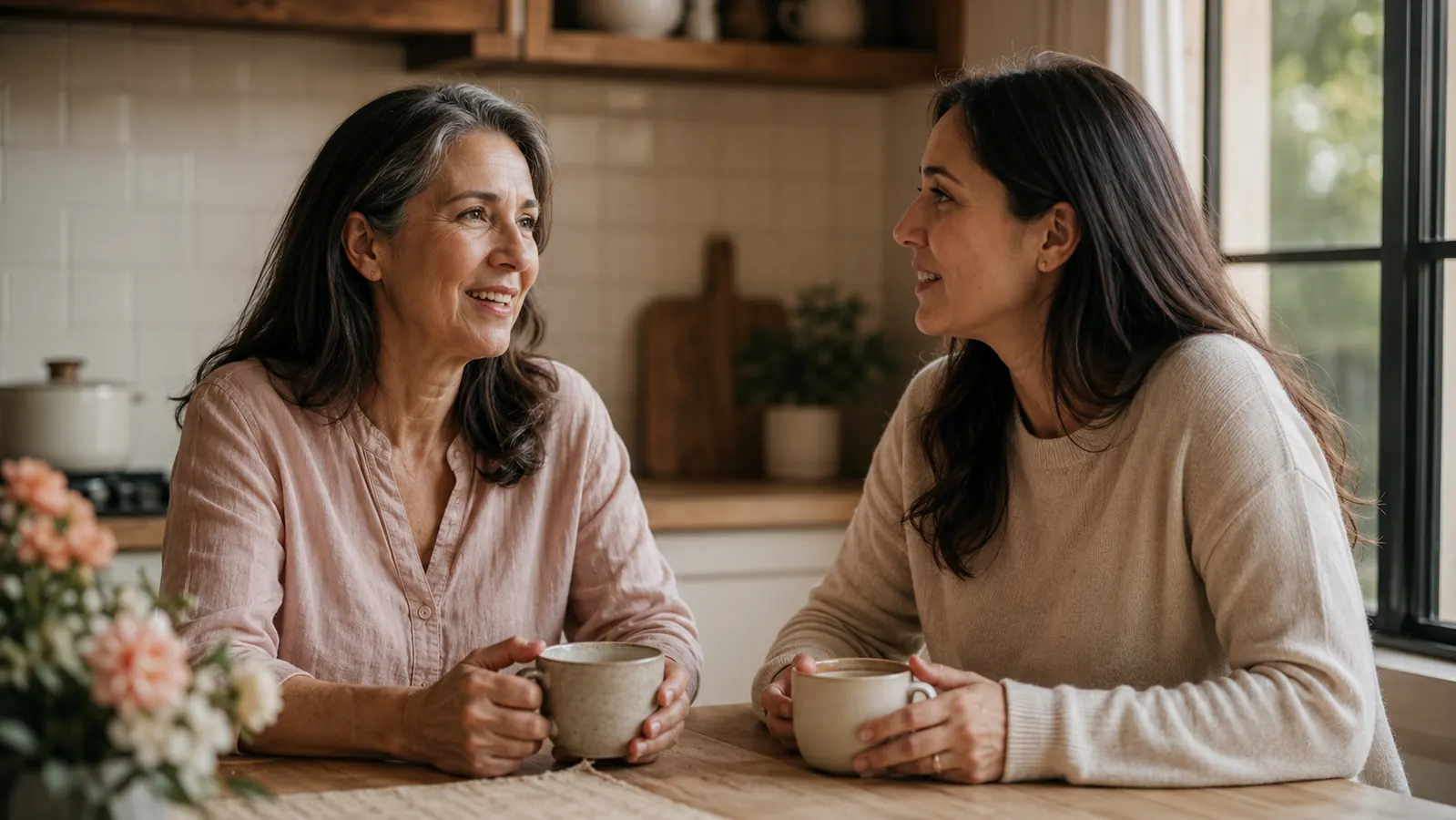 Mother and adult daughter sitting at a kitchen table by a window on a Sunday morning, coffee cups between them
