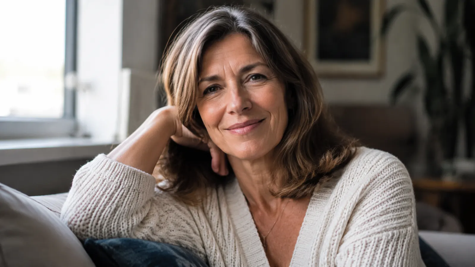 Woman in her fifties smiling naturally at the camera in daylight, fine lines around her eyes visible but softened