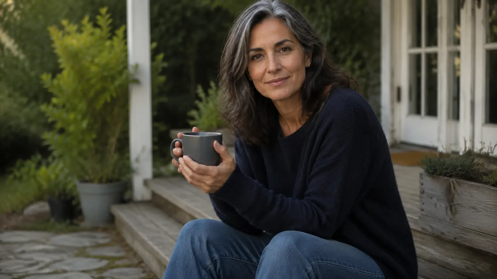 A woman relaxing on a porch with a mug of coffee, morning light, calm and unhurried