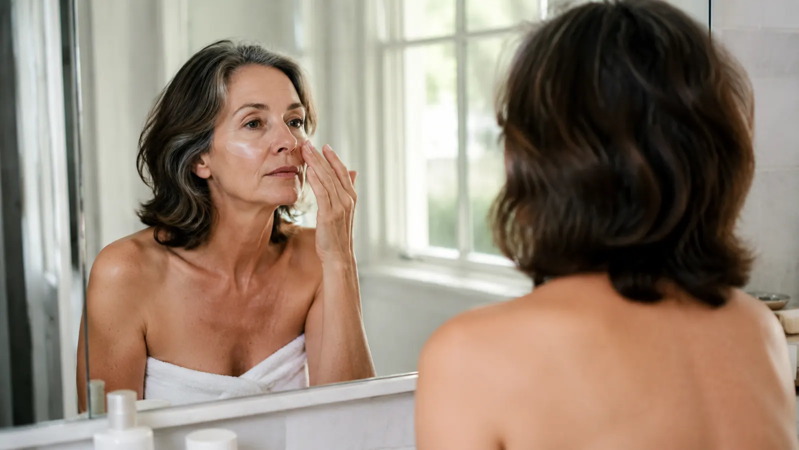 A woman applying sunscreen at a bathroom mirror in daylight before leaving for work