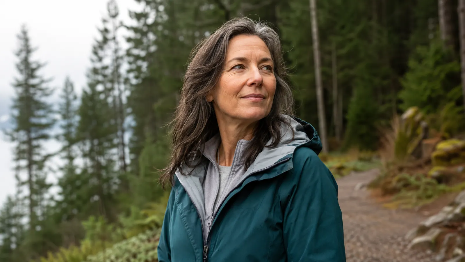 A woman outdoors on a morning walk near Spokane, smiling with clear visible skin texture
