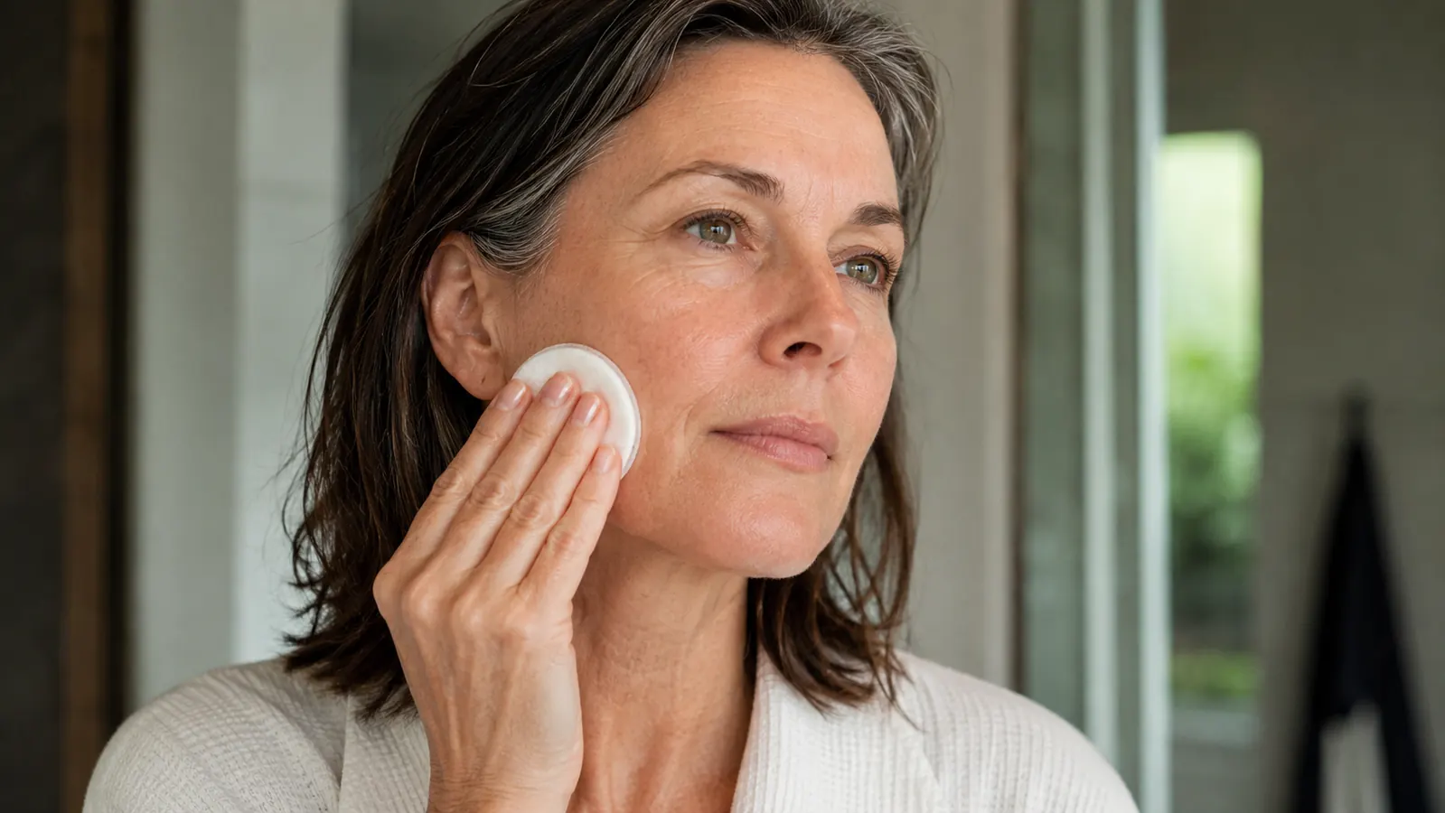 Hand pressing a cotton pad soaked in BHA liquid exfoliant against the cheek