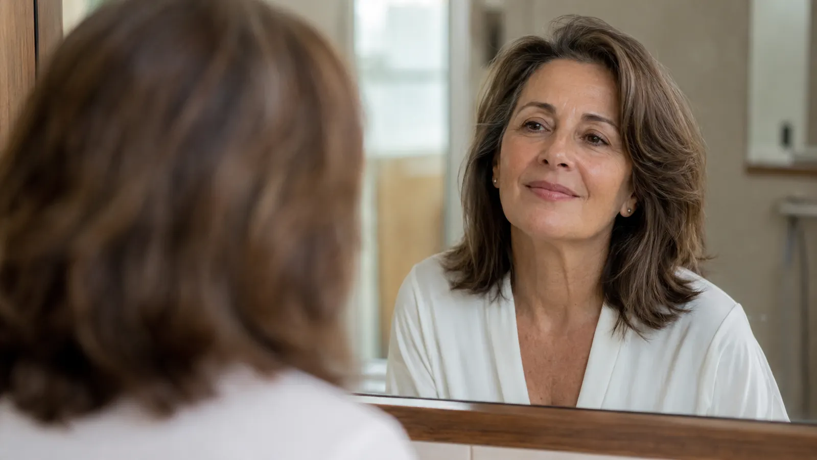 Mature woman in her fifties touching her smooth cheek in a mirror, soft bathroom light