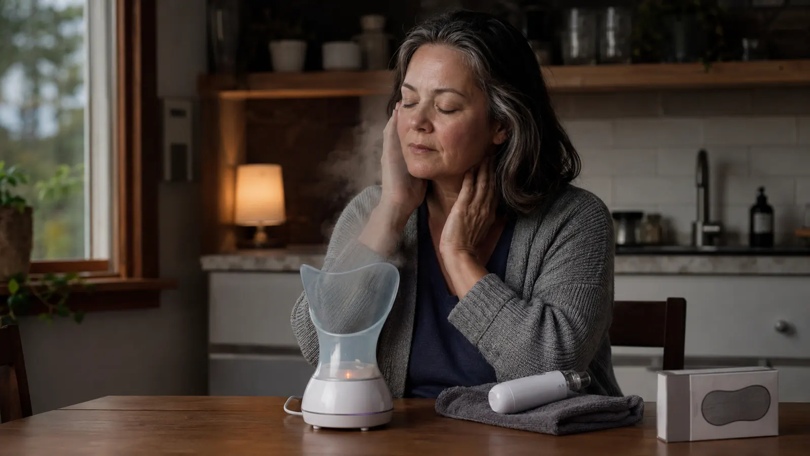 Woman sitting at a kitchen table late at night holding a small facial steamer with the pore vacuum resting nearby