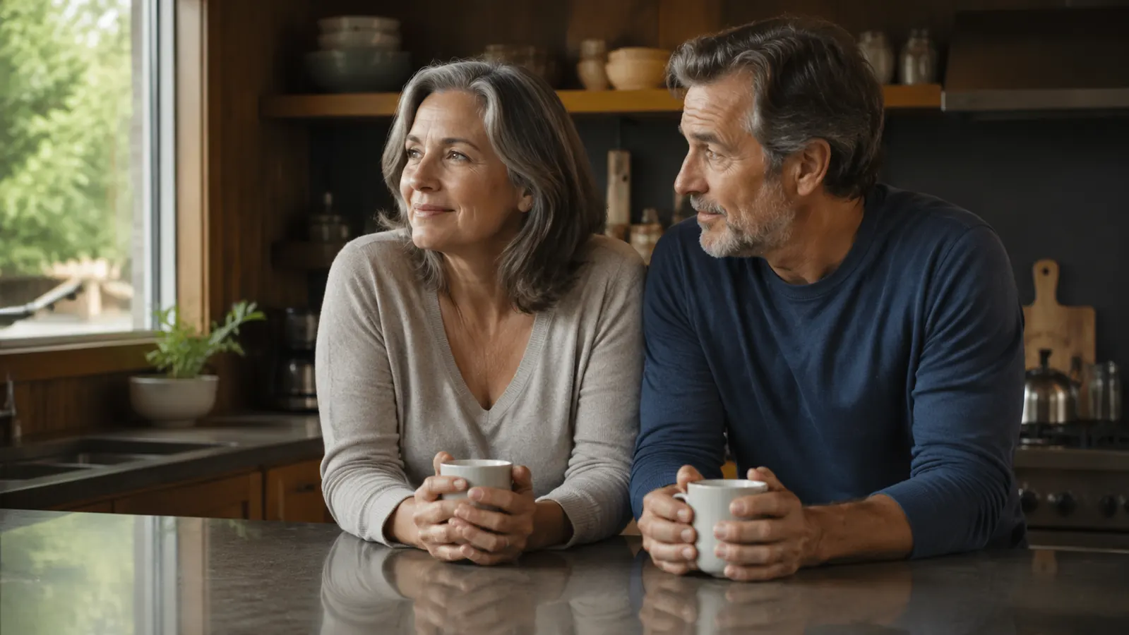 A couple having coffee together at a kitchen counter on a quiet morning