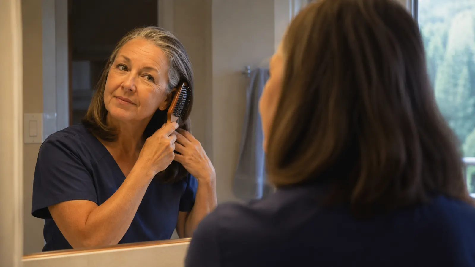 A woman in scrubs standing at a bathroom sink brushing smooth, less frizzy hair in the morning