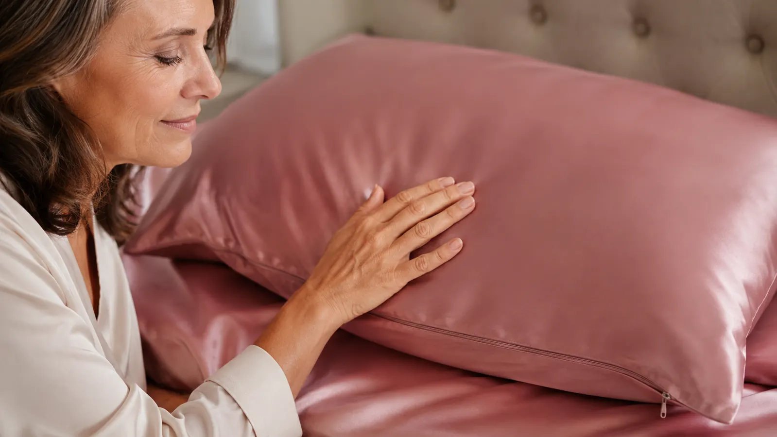Hand smoothing a Ravmix mulberry silk pillowcase over a pillow on a bed