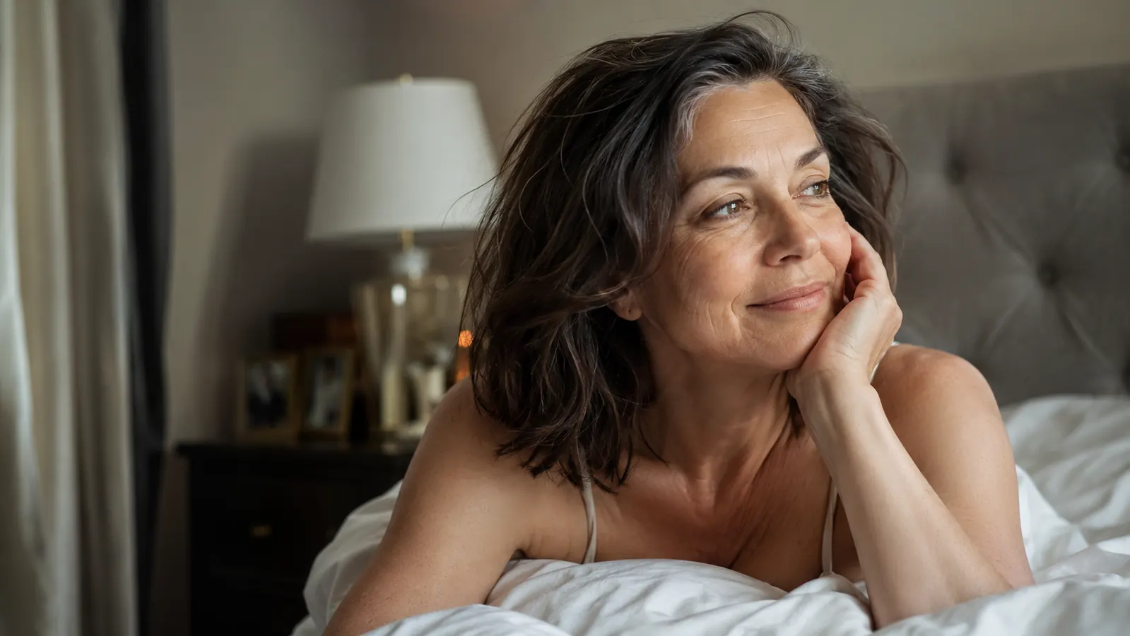 Mature woman waking up and touching her cheek in bed, soft morning light