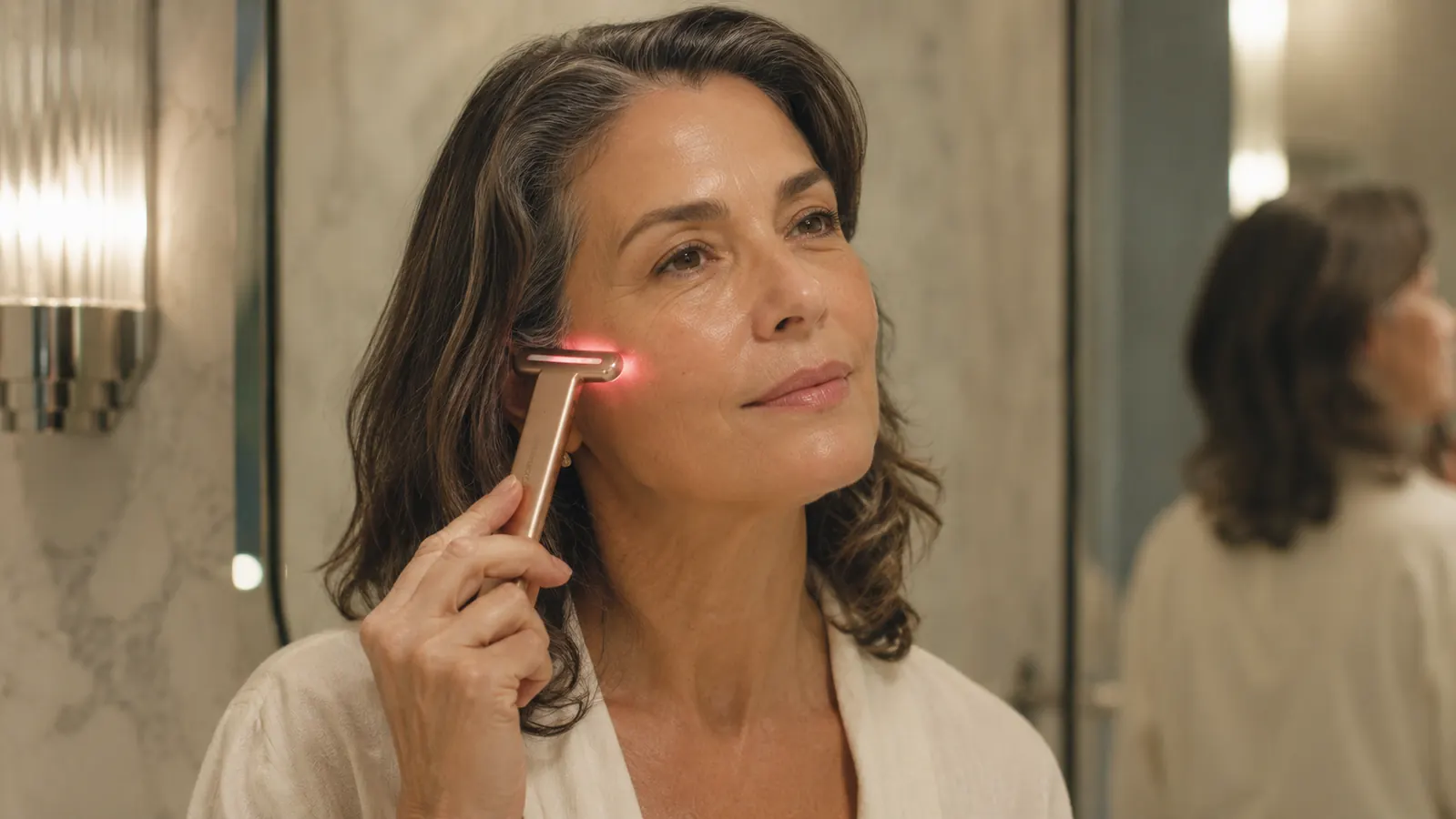 Close-up of a hand gliding the Solawave rose gold wand along the cheek and jawline
