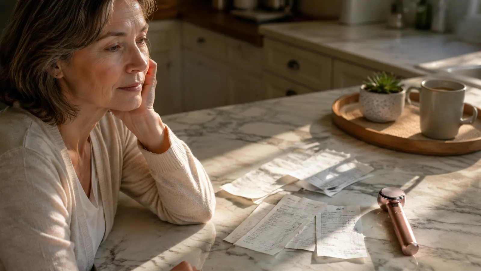 A stack of spa receipts next to a small skincare device on a kitchen counter