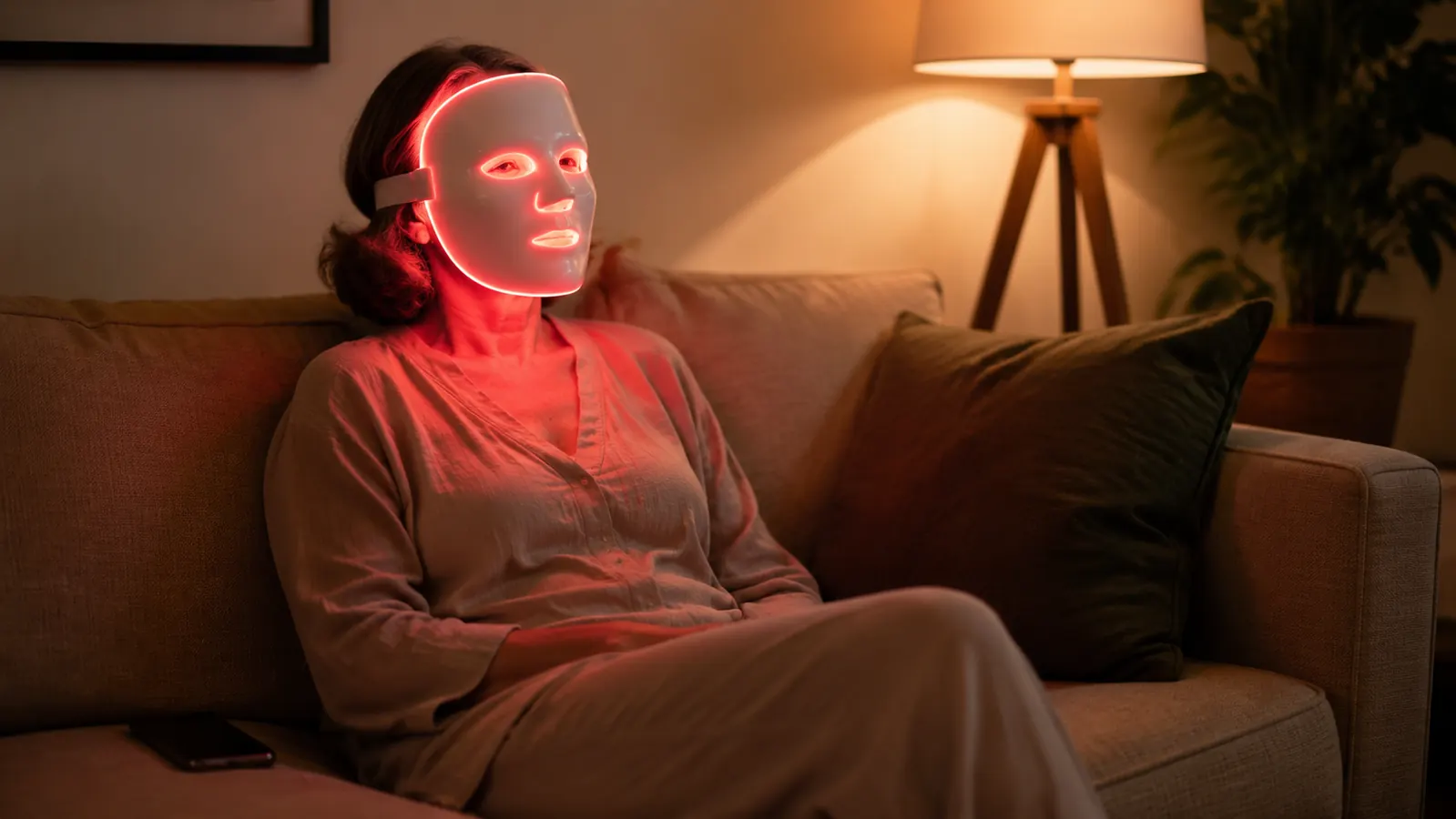 Woman sitting still on a couch wearing a full-face LED light therapy mask, laptop closed beside her